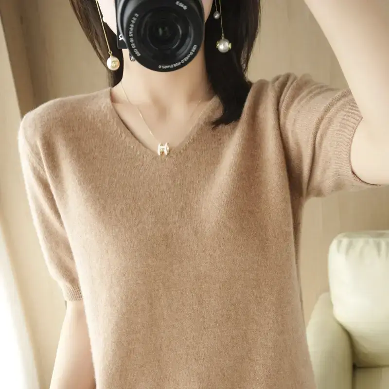 Blue V-Neck Knitted Women's Short Sleeve Pullover - Image 14