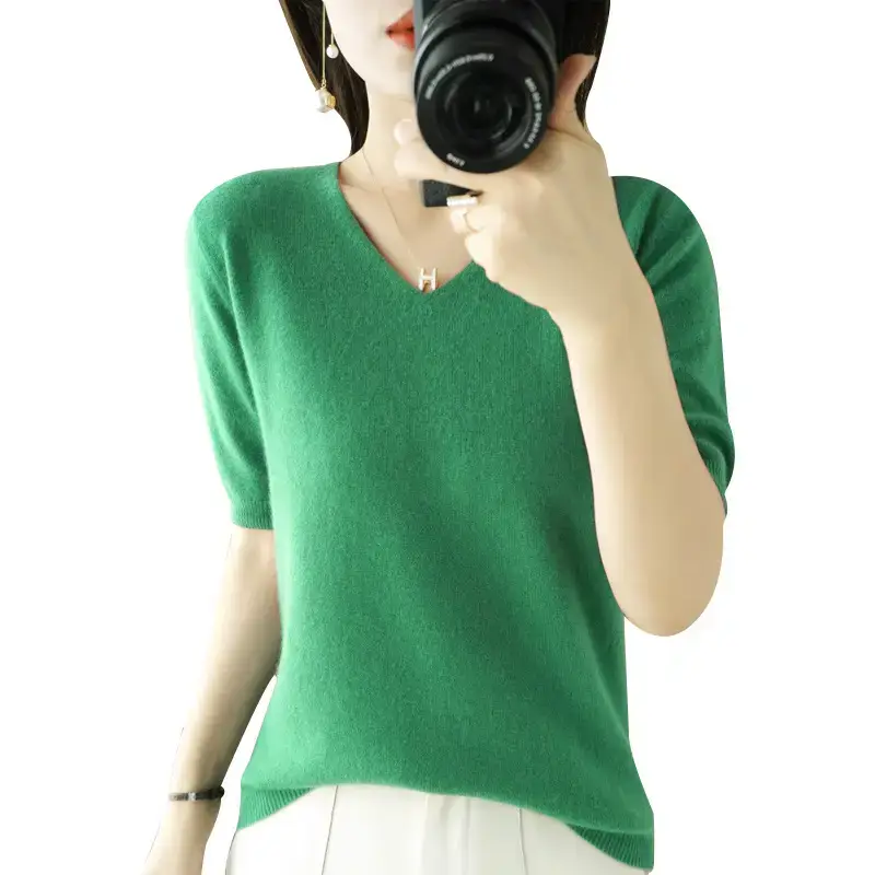Blue V-Neck Knitted Women's Short Sleeve Pullover - Image 16