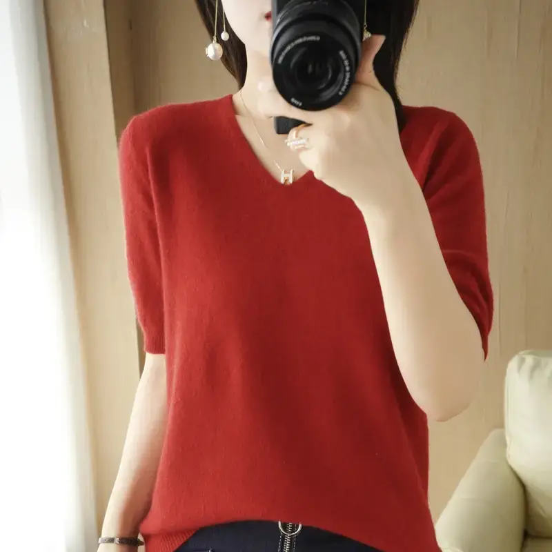 Blue V-Neck Knitted Women's Short Sleeve Pullover - Image 11
