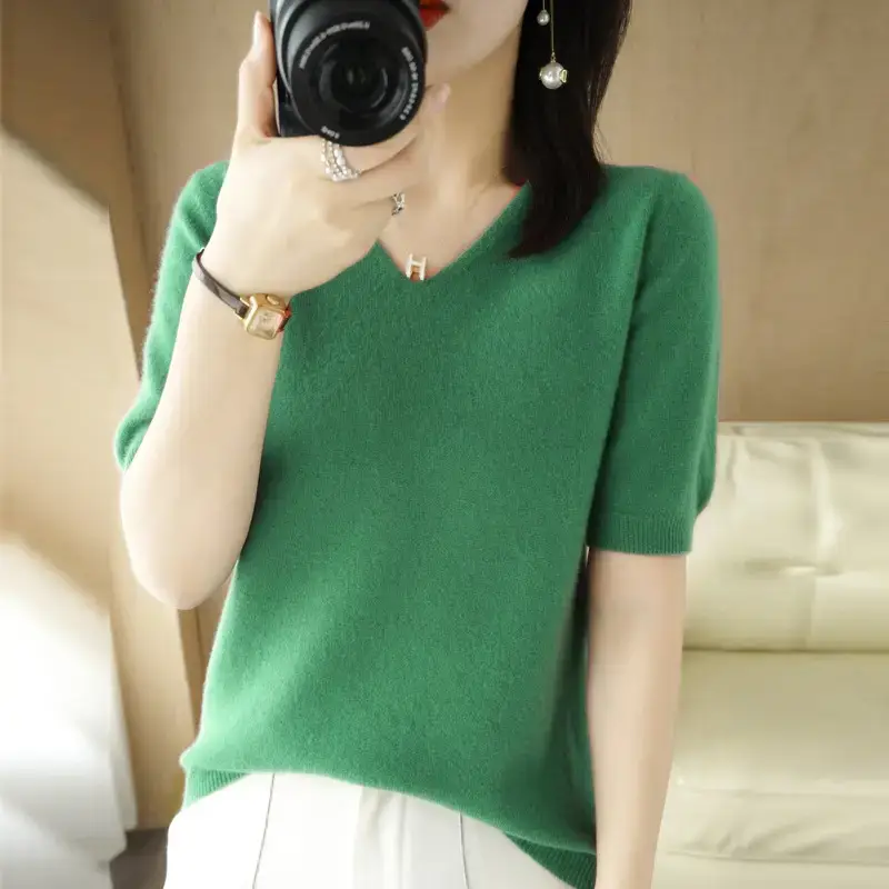 Blue V-Neck Knitted Women's Short Sleeve Pullover - Image 6