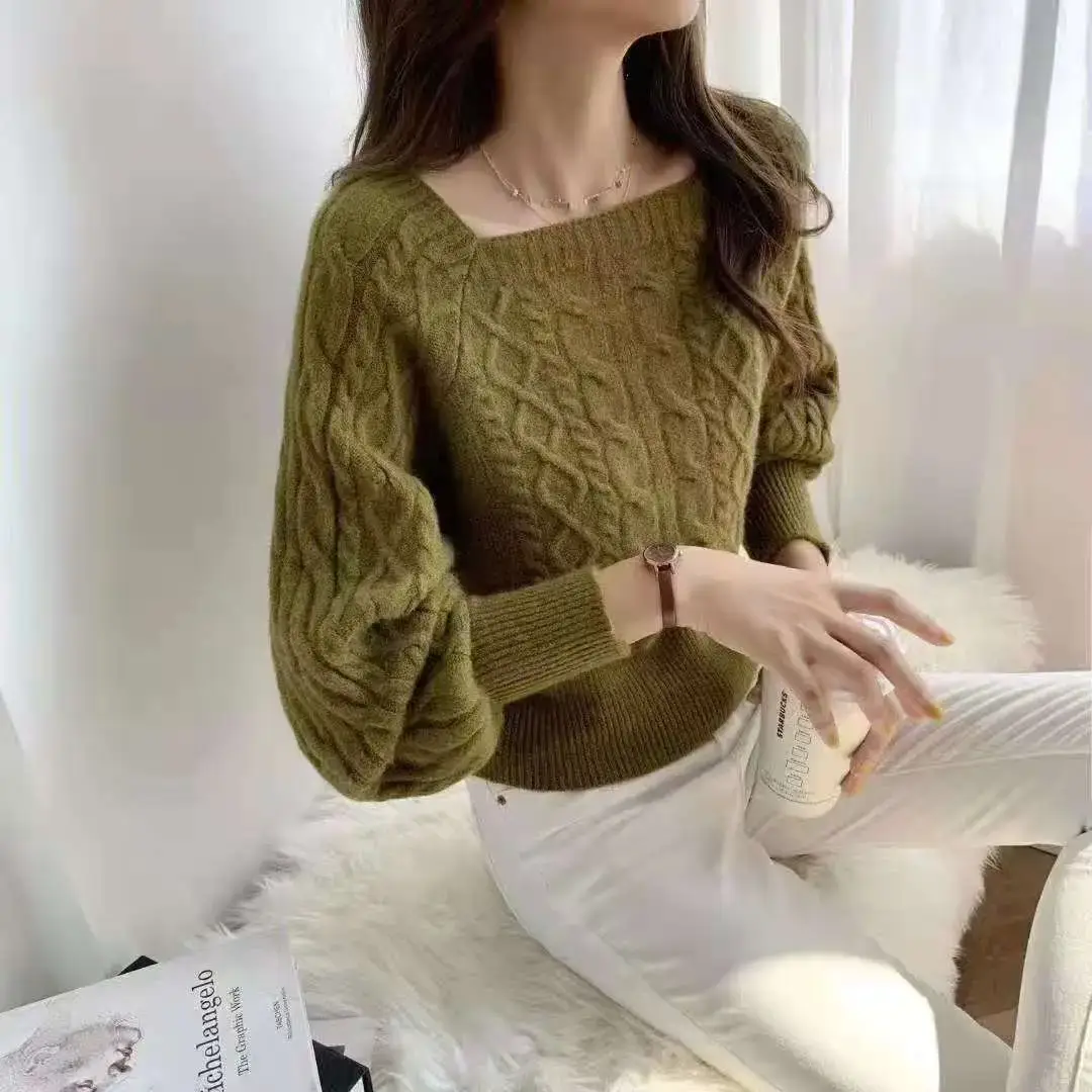 Green Knitted Lateral Twist Sweater for Women - Image 5