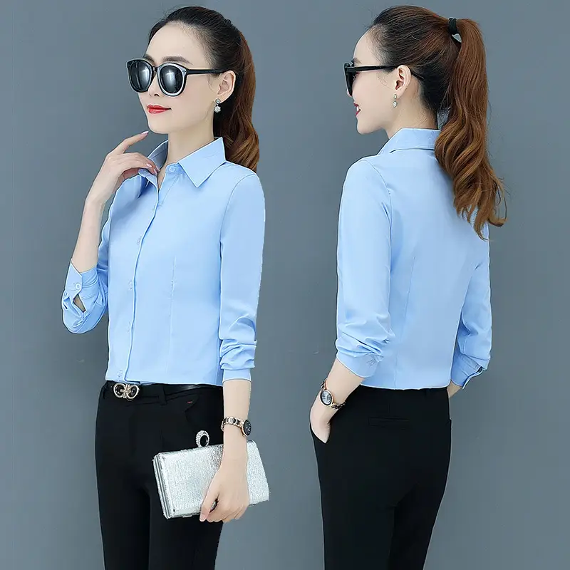 Women Long Sleeve Slim Fit Shirt Light Blue Professional