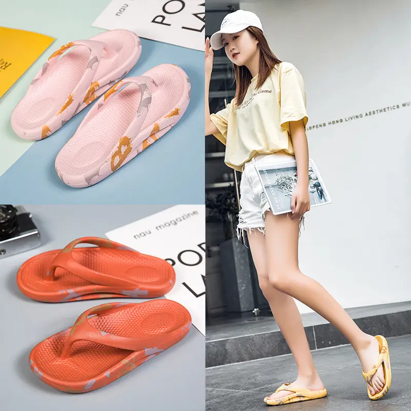Women's Orange Floral Flip Flops Summer Casual Beach Wear