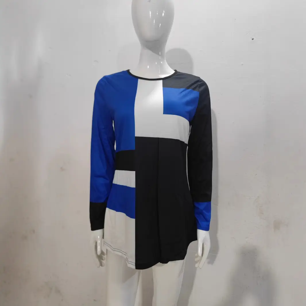 Women Blue Black White Crew Long Sleeve T-Shirt - Image 9