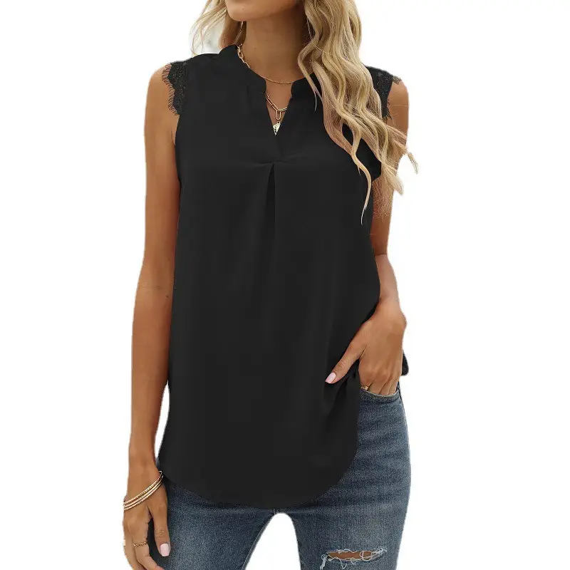 Women's Sleeveless Lace V-Neck Top Beige - Image 3