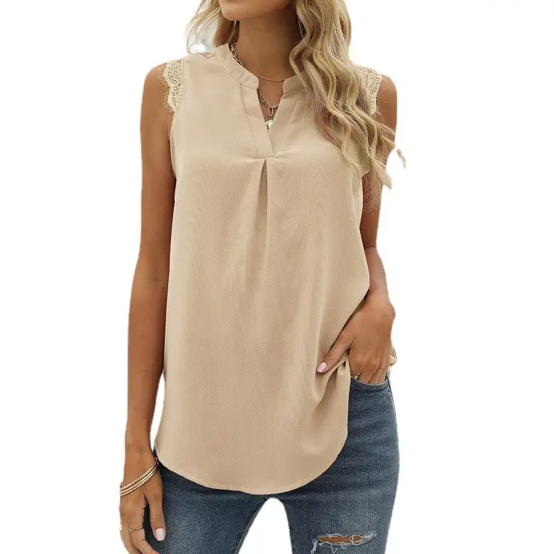 Women's Sleeveless Lace V-Neck Top Beige - Image 5