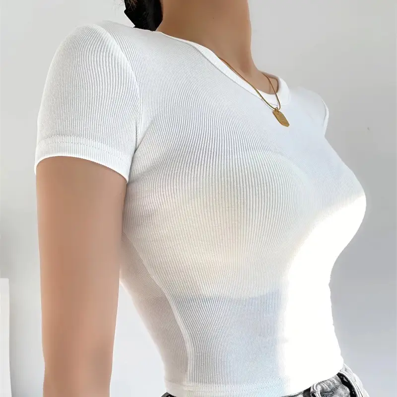 Women White Short Sleeve Stretch T-Shirt - Image 9