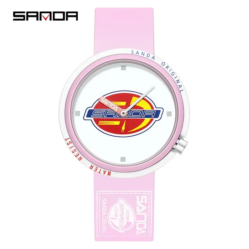 Sanda Simple Quartz Watch Pink Silicone Band for Men Women - Image 3