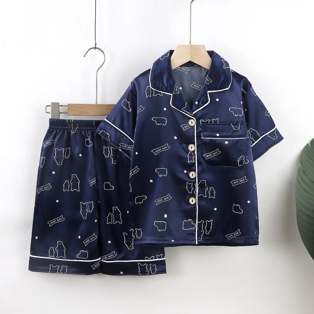Children's Spring and Summer New Boys and Girls Cartoon Ice Silk Short-sleeved Home Clothes Set Lightweight Children's Pajamas Set