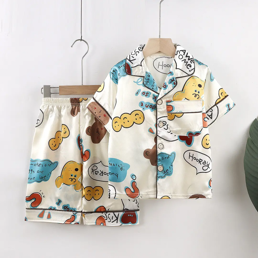 Children's Spring and Summer New Boys and Girls Cartoon Ice Silk Short-sleeved Home Clothes Set Lightweight Children's Pajamas Set