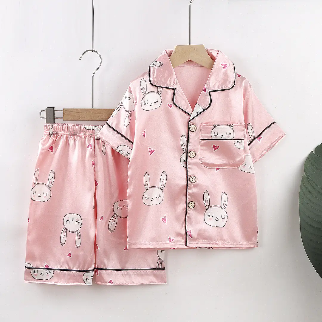 Children's Spring and Summer New Boys and Girls Cartoon Ice Silk Short-sleeved Home Clothes Set Lightweight Children's Pajamas Set