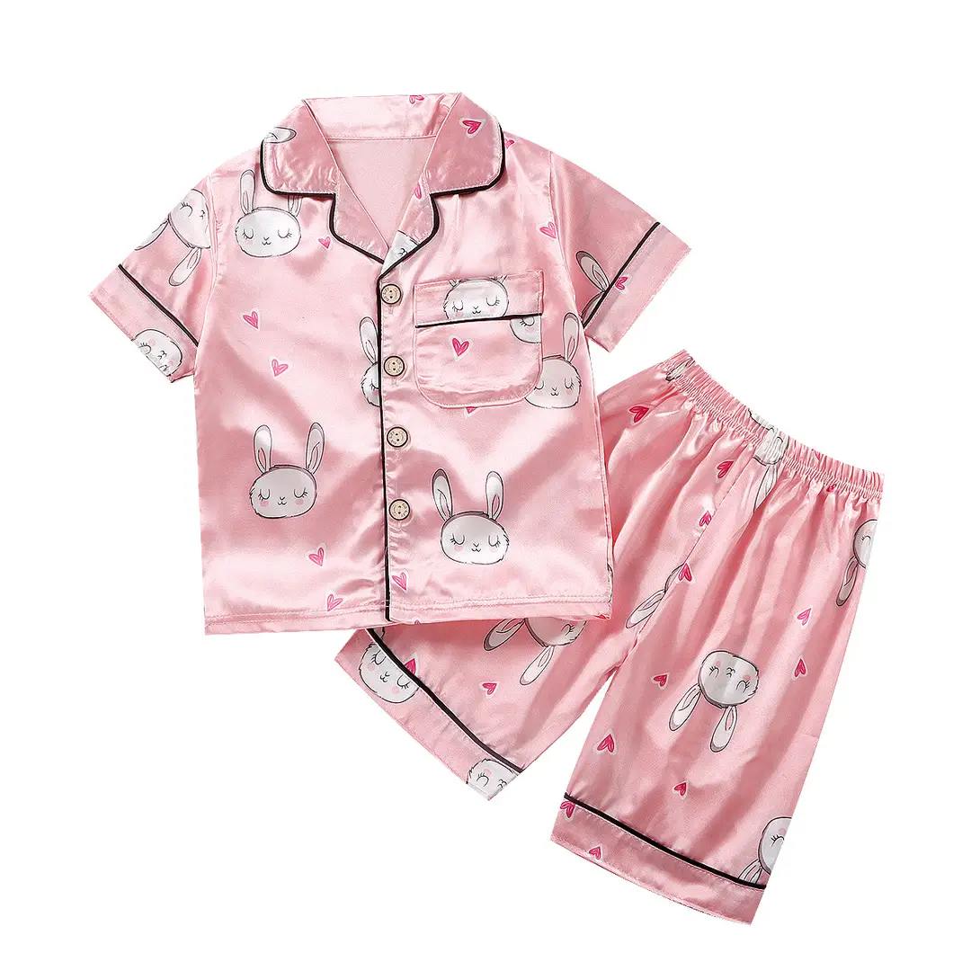 Children's Spring and Summer New Boys and Girls Cartoon Ice Silk Short-sleeved Home Clothes Set Lightweight Children's Pajamas Set