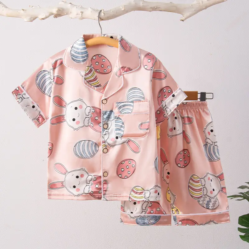 Children's Spring and Summer New Boys and Girls Cartoon Ice Silk Short-sleeved Home Clothes Set Lightweight Children's Pajamas Set