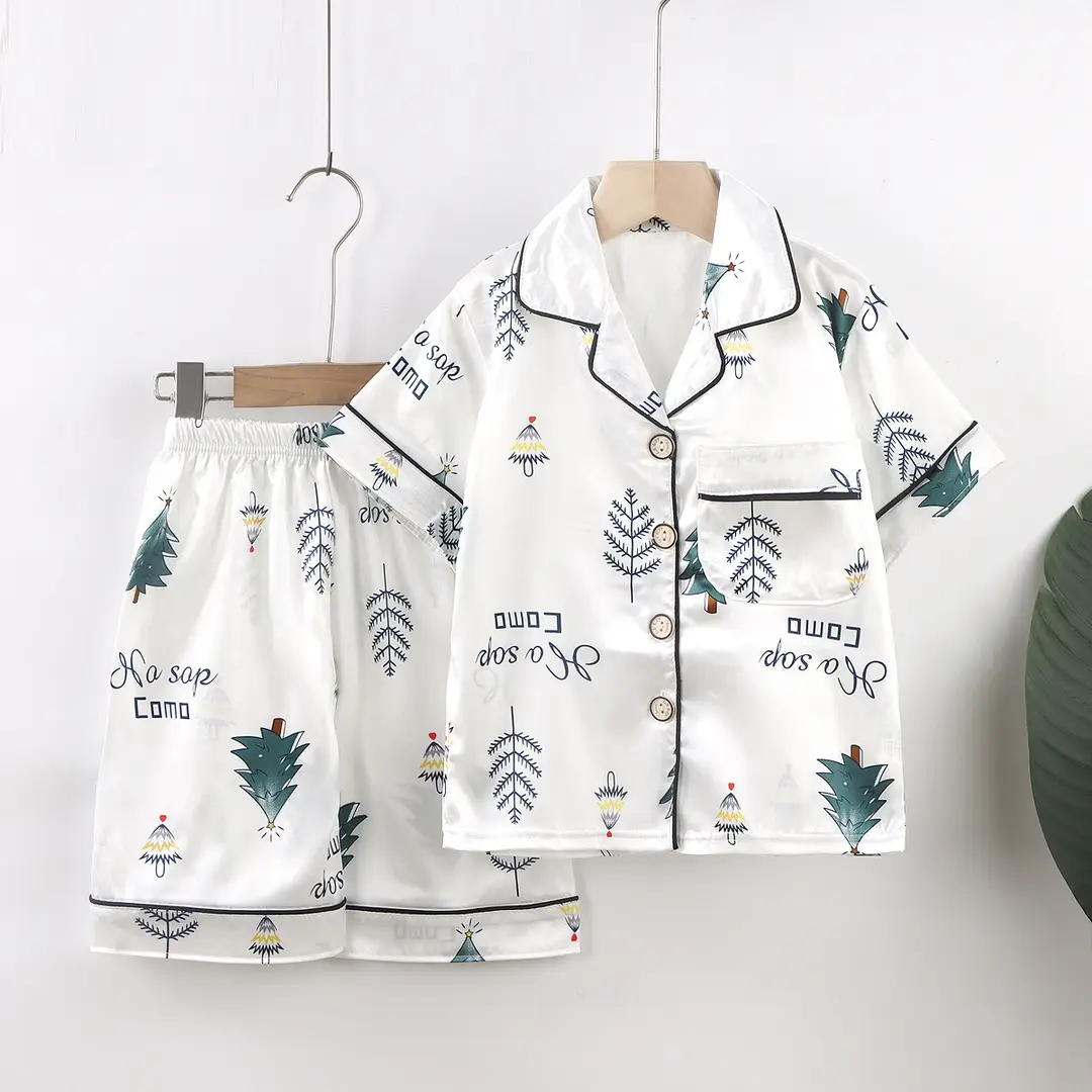 Children's Spring and Summer New Boys and Girls Cartoon Ice Silk Short-sleeved Home Clothes Set Lightweight Children's Pajamas Set
