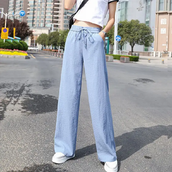 Wide Leg Ice Silk Pants Light Blue Women - Image 3