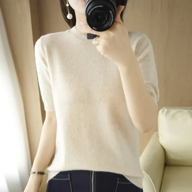 Women Green Knit Pullover Round Neck Slim Fit 2025