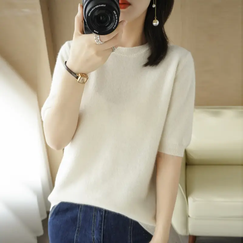 Women Green Knit Pullover Round Neck Slim Fit 2025
