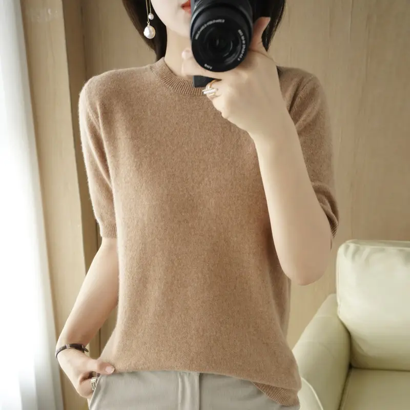 Women Green Knit Pullover Round Neck Slim Fit 2025