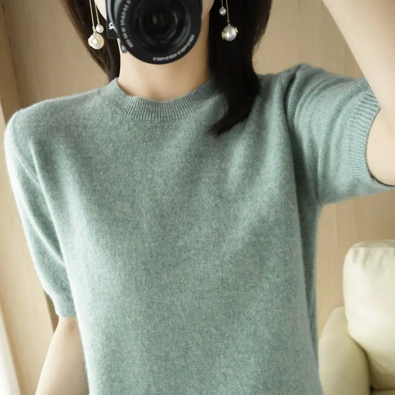 Women Green Knit Pullover Round Neck Slim Fit 2025