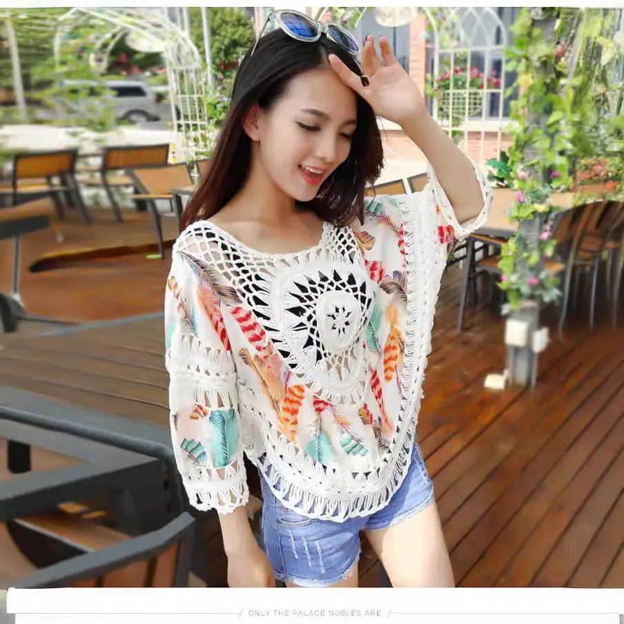 Women's Hand-Knitted Linen Beach Blouse with Hollow Out Design - Image 7