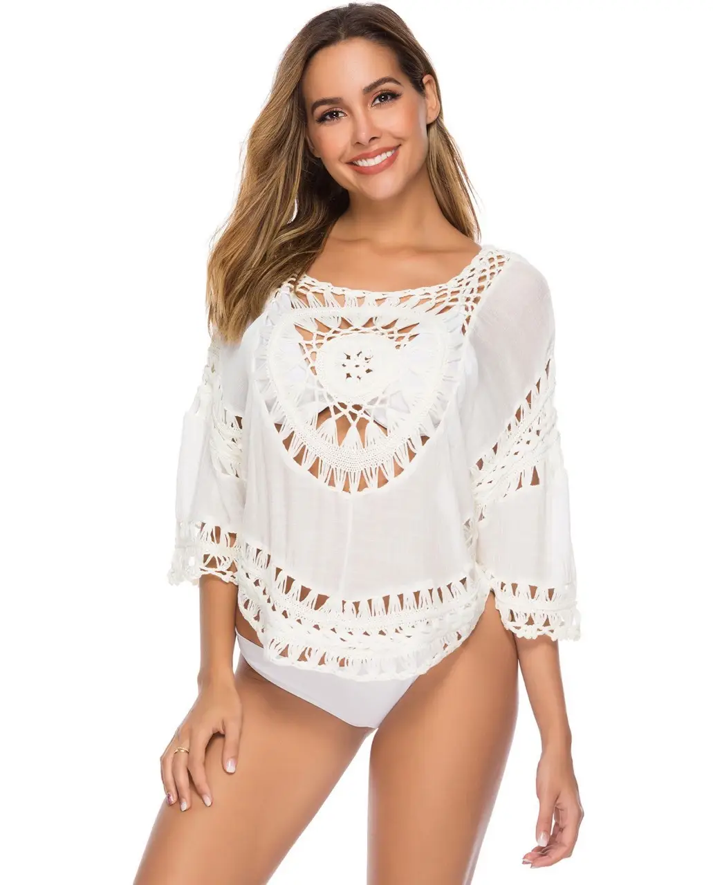 Women's Hand-Knitted Linen Beach Blouse with Hollow Out Design — feature 13