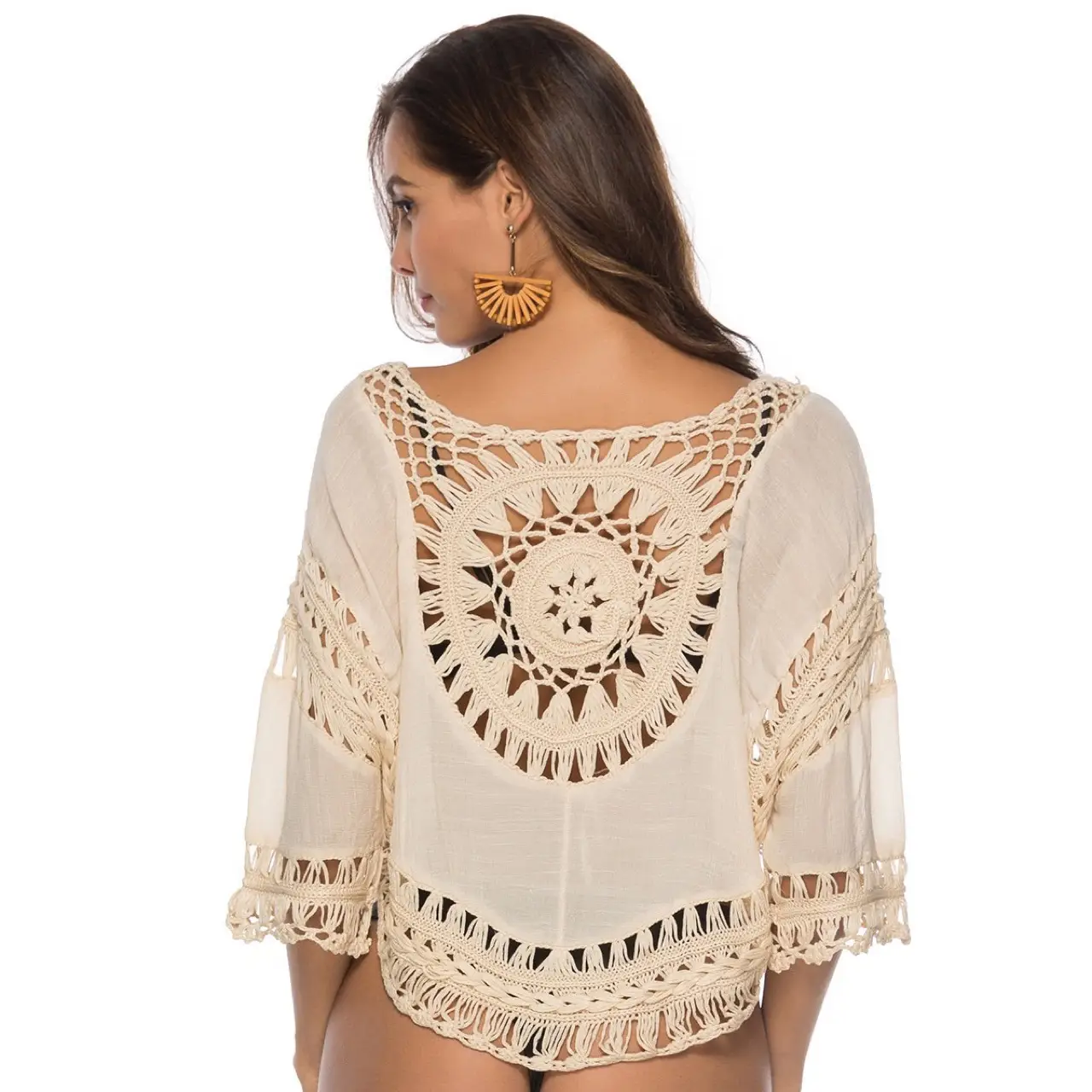 Women's Hand-Knitted Linen Beach Blouse with Hollow Out Design — feature 14