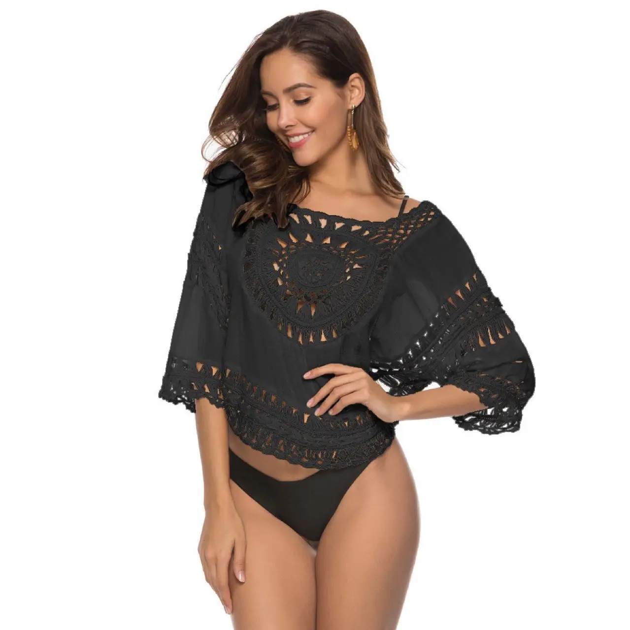 Women's Hand-Knitted Linen Beach Blouse with Hollow Out Design — feature 18