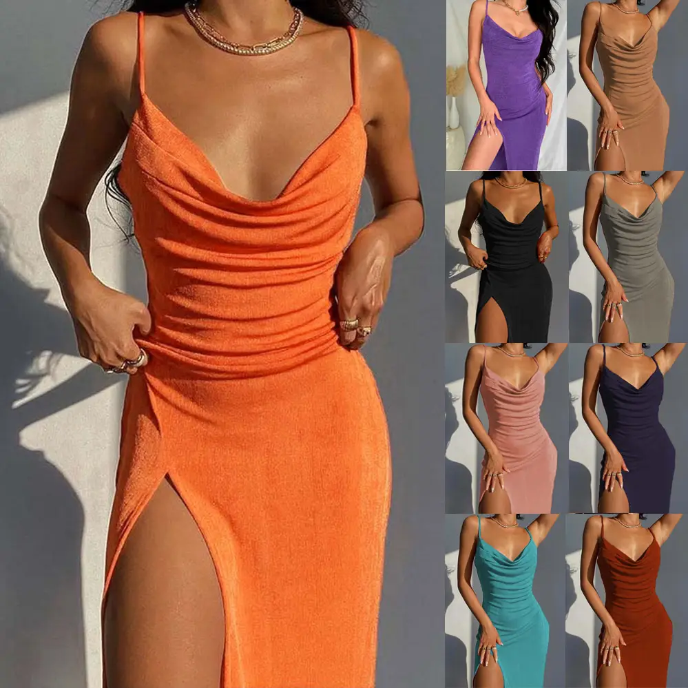 2024 Women's Silk Knitted Slit Dress Turquoise - Image 3