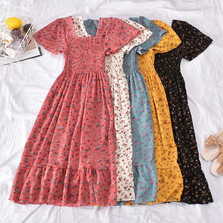 Women's Yellow Floral Ruffled Dress Summer K-Style