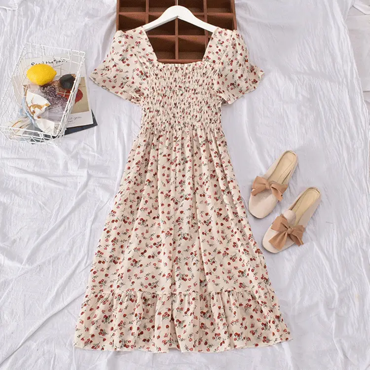 Women's Yellow Floral Ruffled Dress Summer K-Style
