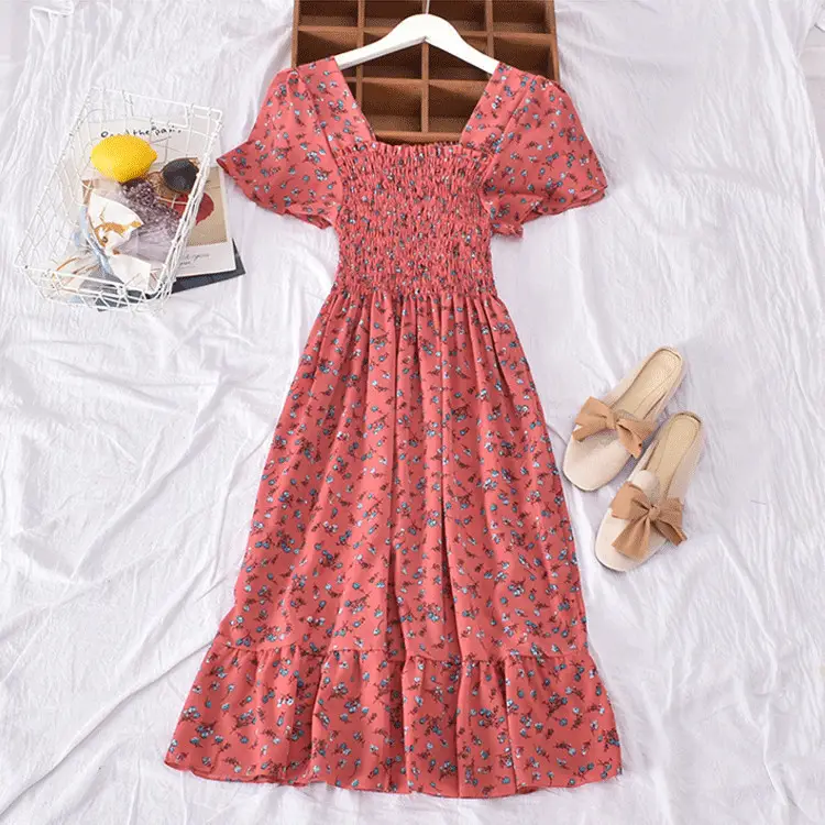 Women's Yellow Floral Ruffled Dress Summer K-Style