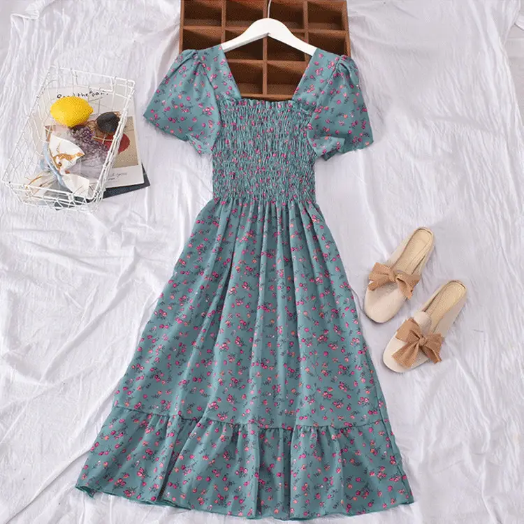 Women's Yellow Floral Ruffled Dress Summer K-Style