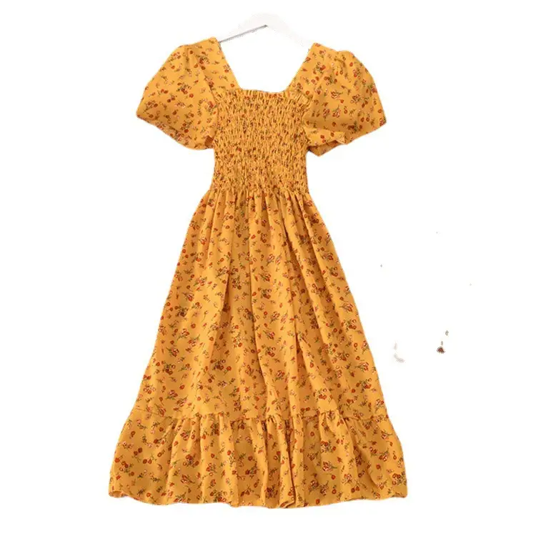 Women's Yellow Floral Ruffled Dress Summer K-Style