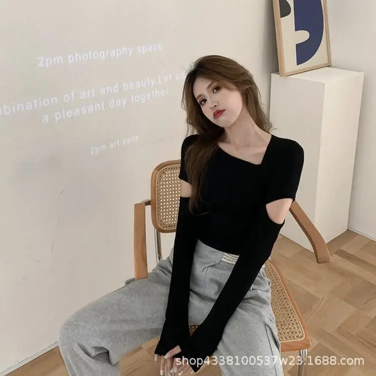 Black Long Sleeve Cropped T-Shirt Women Spring Autumn