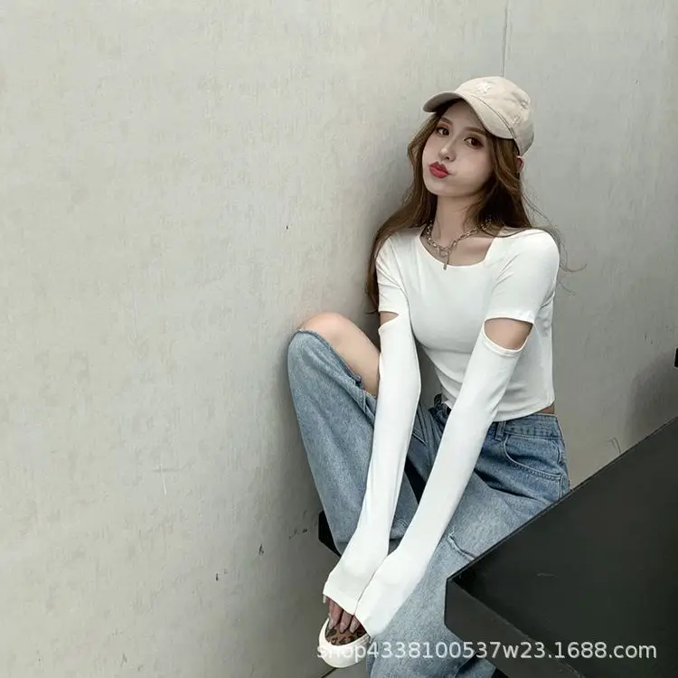 Black Long Sleeve Cropped T-Shirt Women Spring Autumn