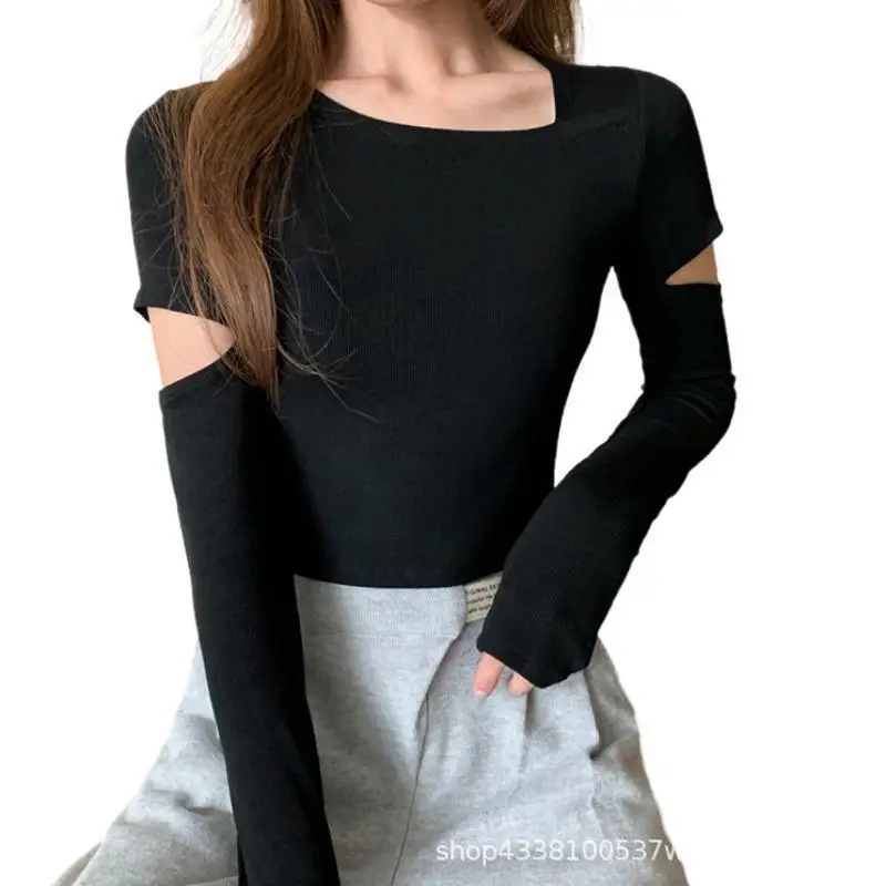 Black Long Sleeve Cropped T-Shirt Women Spring Autumn