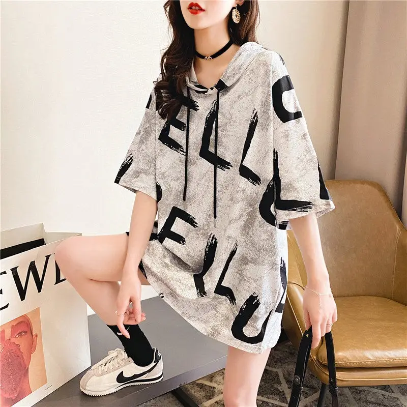 Women's Korean Style Hooded T-Shirt Grey Black Print