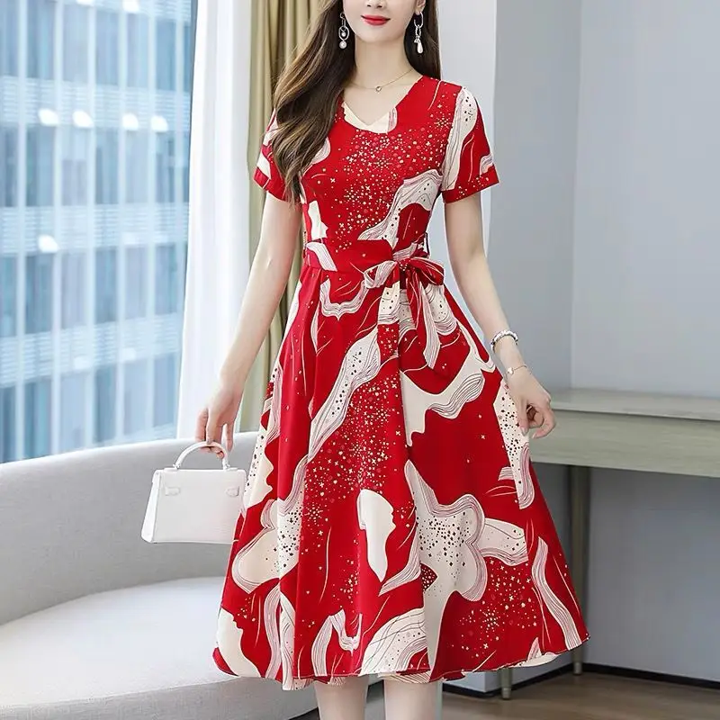 Red Printed High Waist Summer Dress for Women