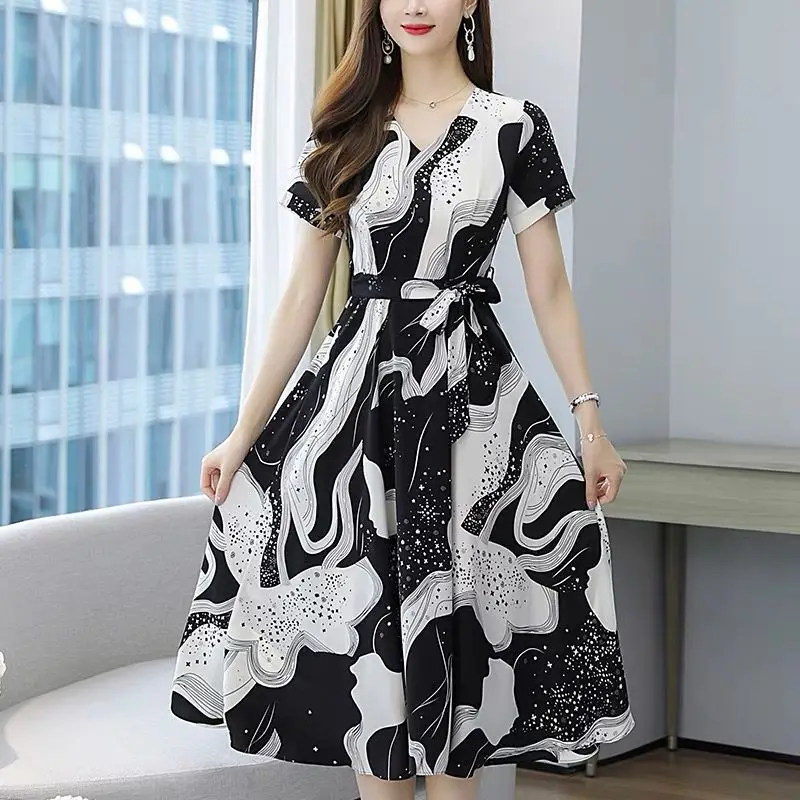 Red Printed High Waist Summer Dress for Women