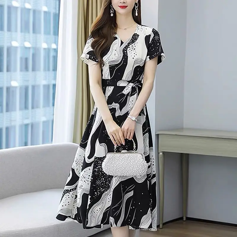 Red Printed High Waist Summer Dress for Women