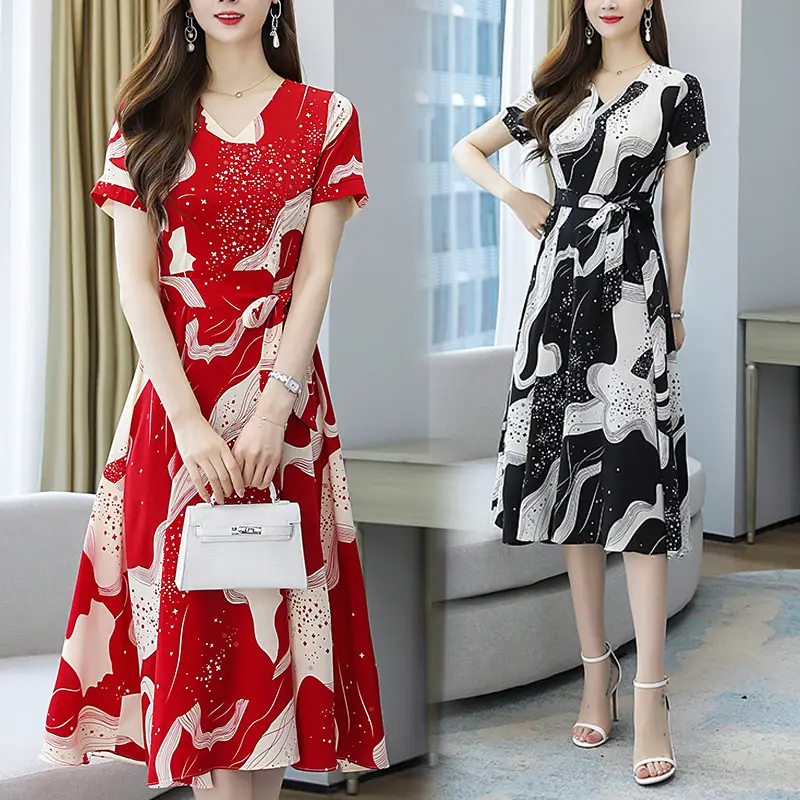 Red Printed High Waist Summer Dress for Women