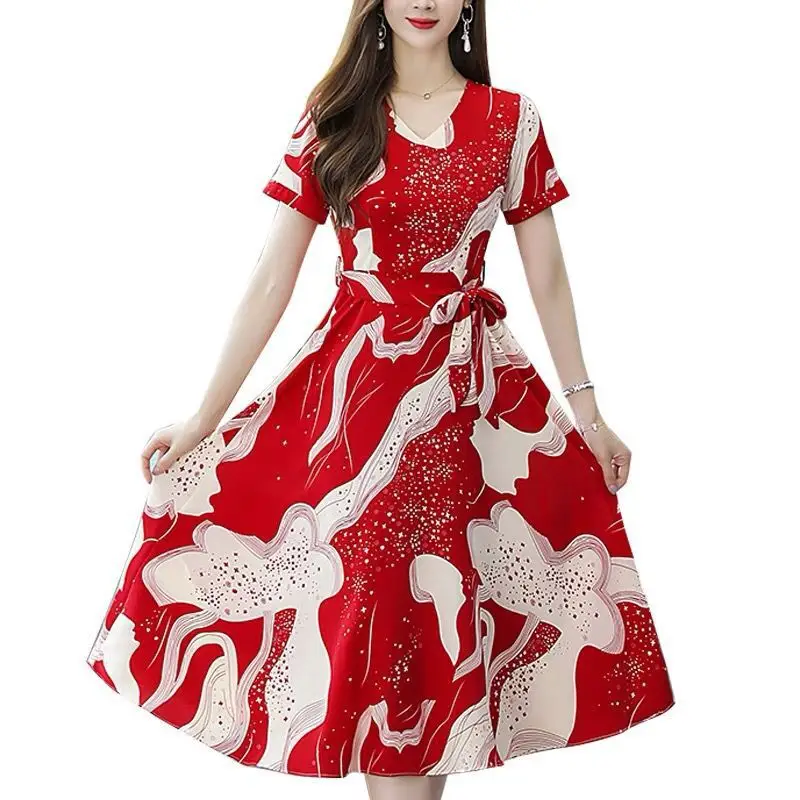 Red Printed High Waist Summer Dress for Women