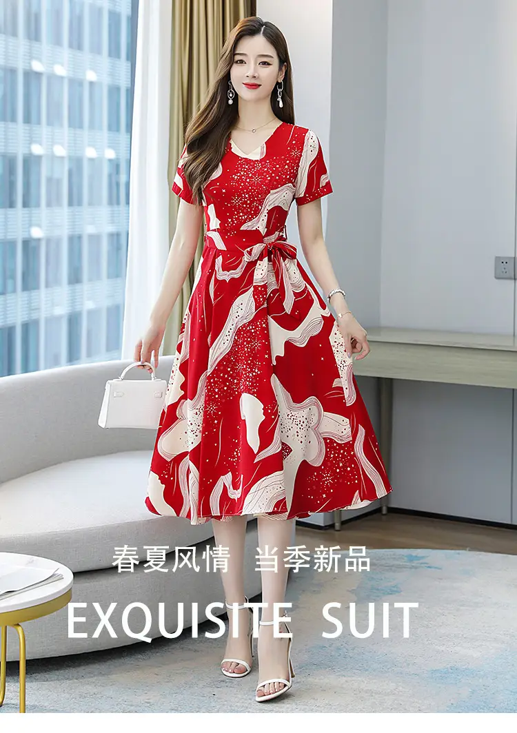 Red Printed High Waist Summer Dress for Women — feature 1