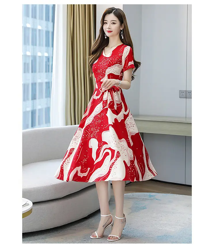 Red Printed High Waist Summer Dress for Women — feature 10