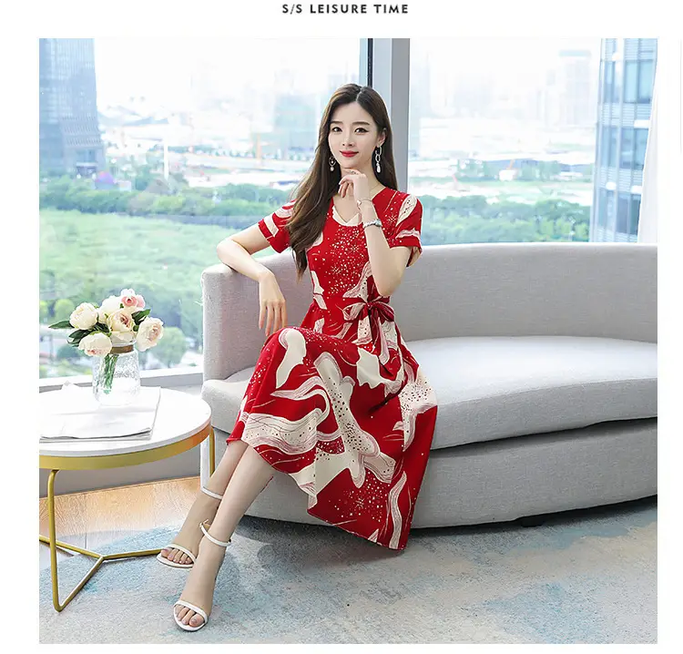 Red Printed High Waist Summer Dress for Women — feature 11