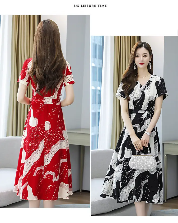 Red Printed High Waist Summer Dress for Women — feature 12