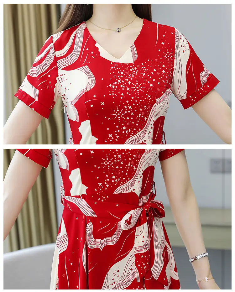 Red Printed High Waist Summer Dress for Women — feature 18