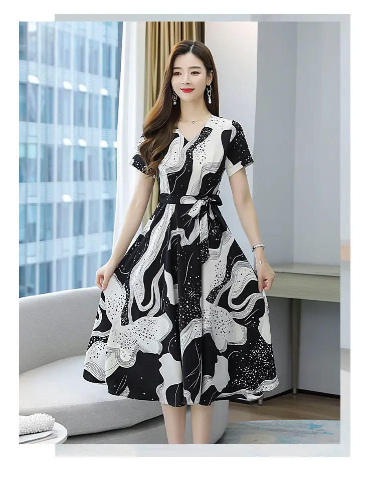 Red Printed High Waist Summer Dress for Women — feature 2