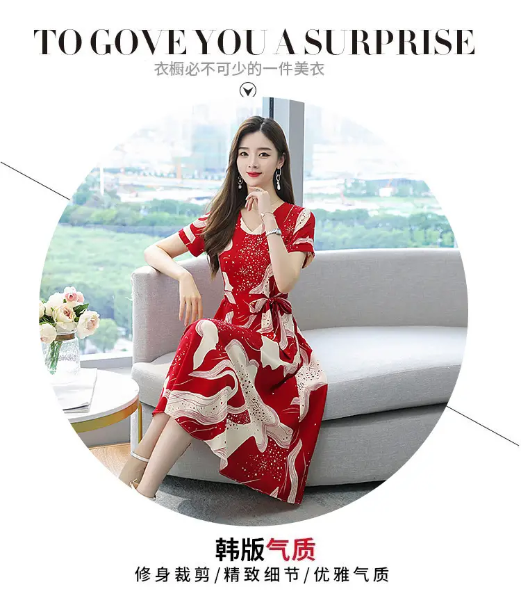 Red Printed High Waist Summer Dress for Women — feature 3