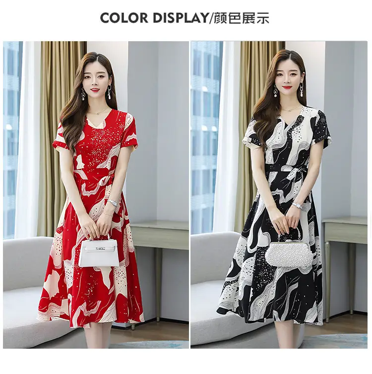 Red Printed High Waist Summer Dress for Women — feature 9